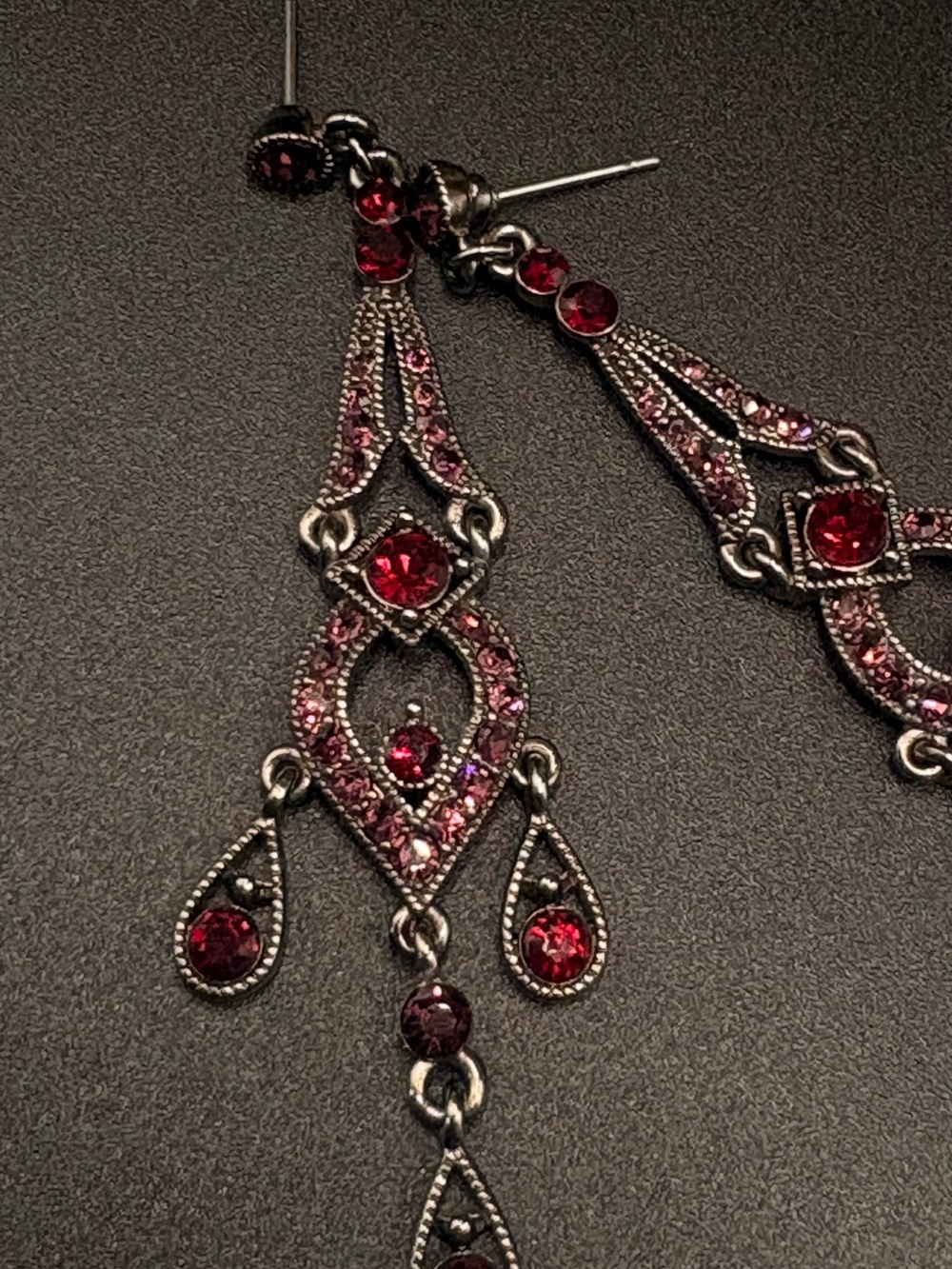 Gothic Victorian Red Purple Rhinestone Chandelier Earrings Gunmetal